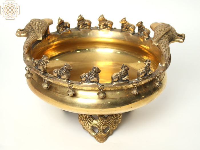 15" Brass Nandi Urli Decorative Bowl with Stand