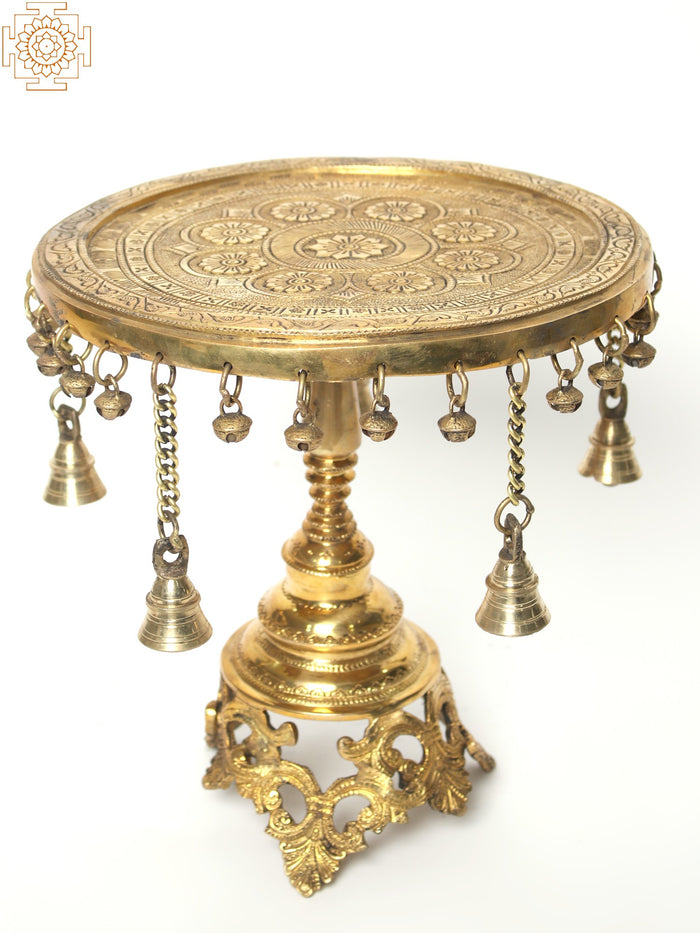 12" Brass Round Pedestal Chowki with Dangling Bells for Pooja
