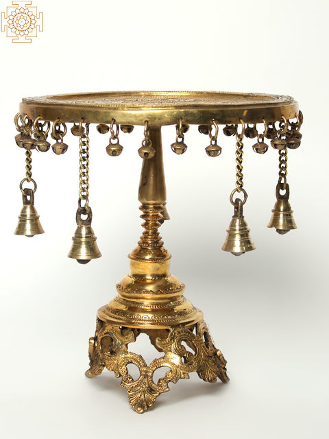 12" Brass Round Pedestal (Chowki) with Dangling Bells