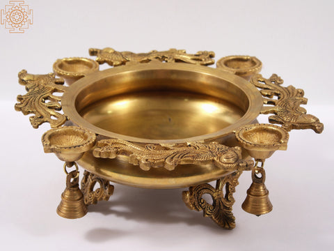 13" Designer Brass Urli with Lamps and Bells