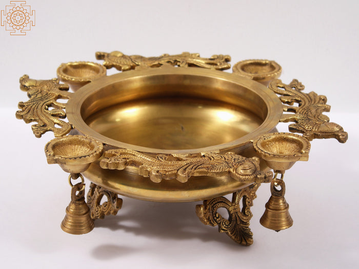 13" Handmade Brass Urli with Lamps and Bells for Home Decor