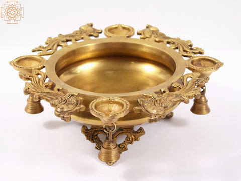 13" Designer Brass Urli with Lamps and Bells