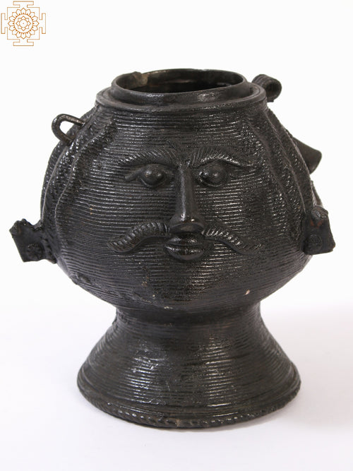 7" Tribal Face Engraved Brass Pot Statue