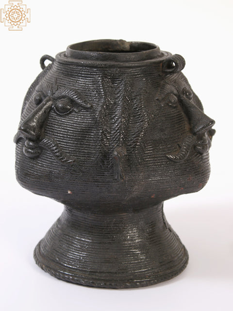 7" Three Sided Tribal Face Engraved Pot