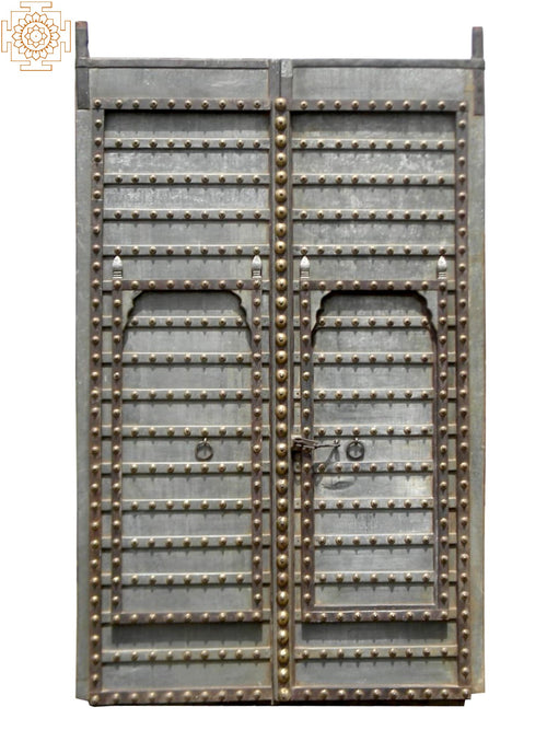 112" Vintage Indian Wooden Door with Brass and Iron Hardware