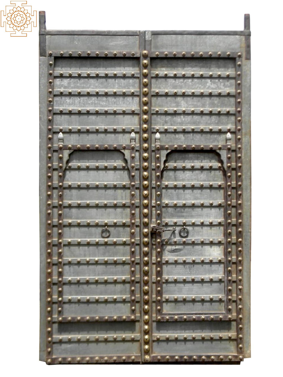 112" Vintage Indian Wooden Door with Brass and Iron Hardware