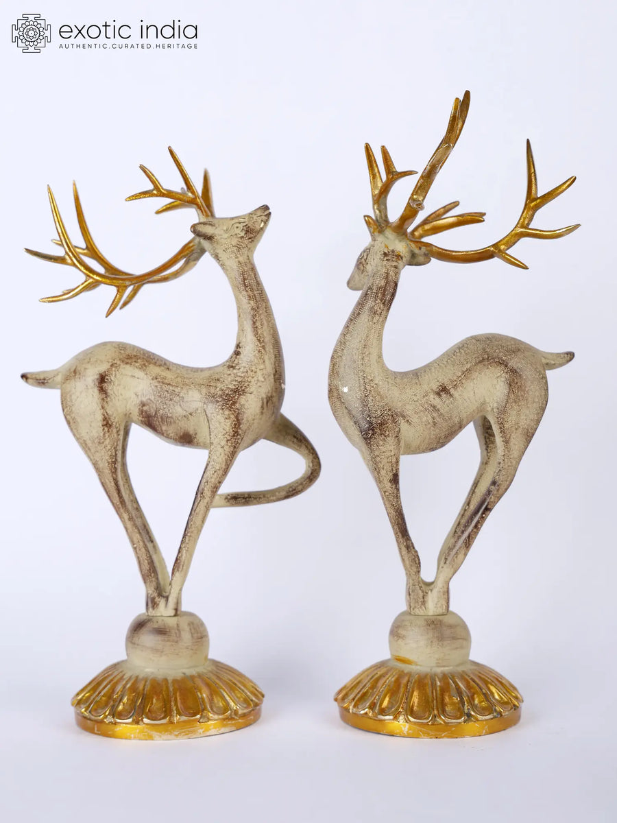11" Brass Reindeer Pair Statue Home Decor