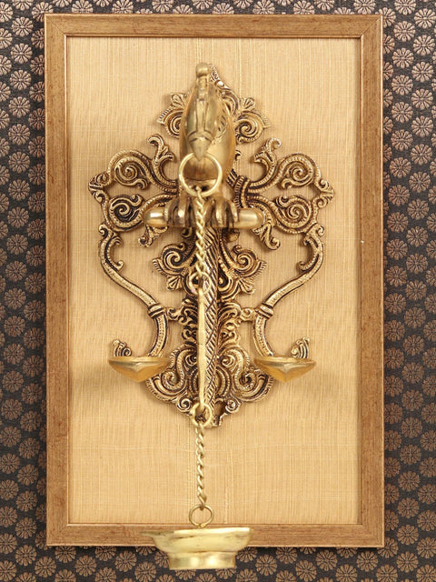 20" Brass Parrot Design Oil Lamp Diya | Wooden Wall Hanging Frame