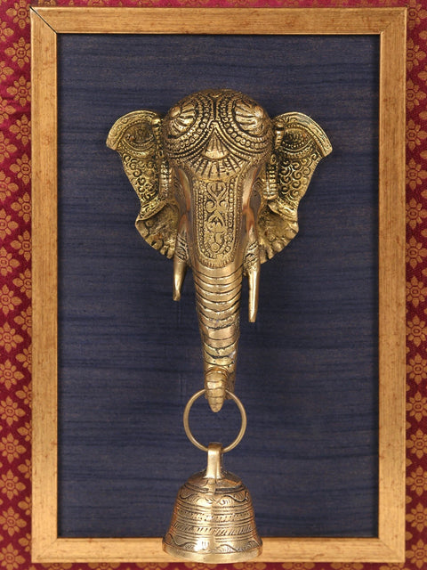 18" Wooden Framed Elephant with Hanging Bell | Wall Hanging