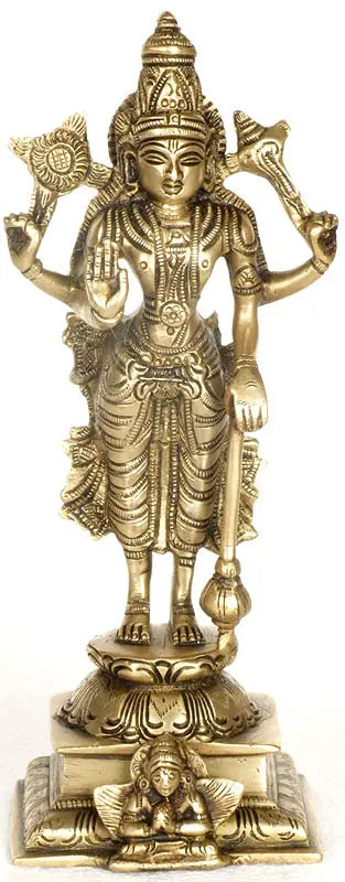9" Chaturbhuja Vishnu on Garuda Brass Statue with Pedestal