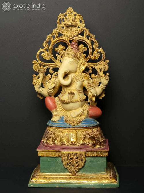 20" Lord Ganesha Seated Brass Statue with Kirtimukha Pedestal