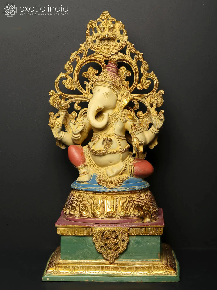 20" Lord Ganesha Seated Brass Statue with Kirtimukha Pedestal