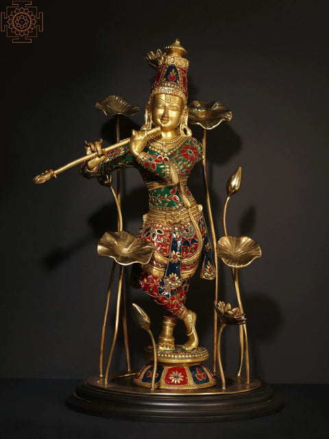 24" Lord Krishna Standing on Wooden Base and surrounded by Flowers Playing Flute | Brass Statue with Inlay Work