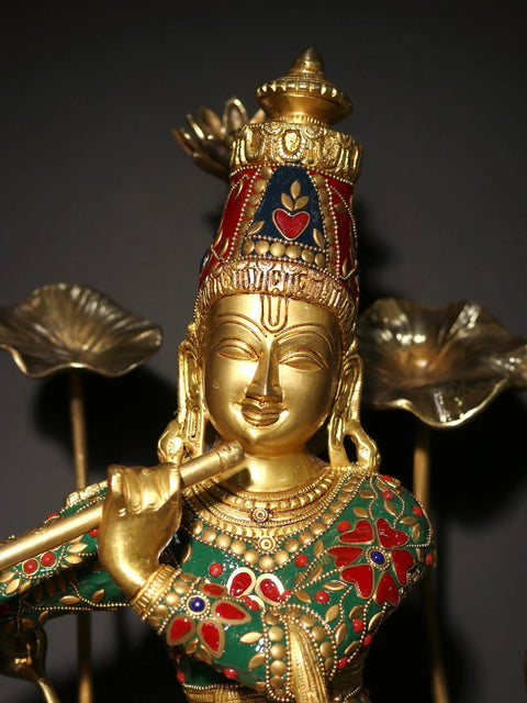 24" Lord Krishna Standing on Wooden Base and surrounded by Flowers Playing Flute | Brass Statue with Inlay Work