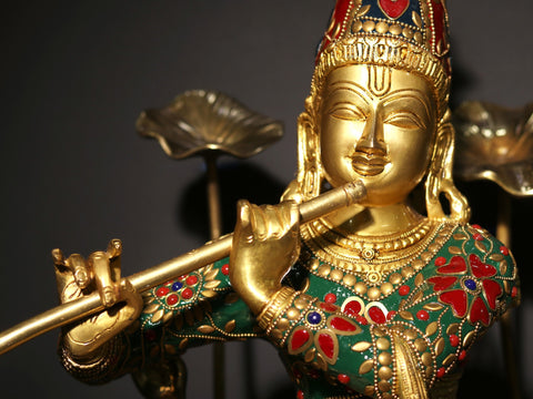 24" Lord Krishna Standing on Wooden Base and surrounded by Flowers Playing Flute | Brass Statue with Inlay Work