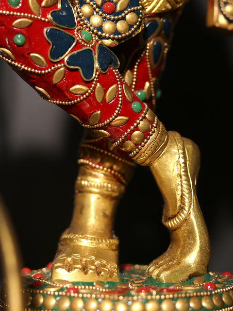 24" Lord Krishna Standing on Wooden Base and surrounded by Flowers Playing Flute | Brass Statue with Inlay Work