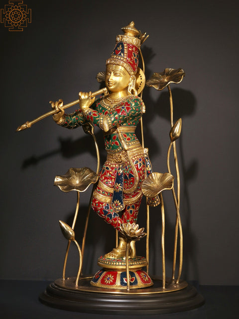 24" Lord Krishna Standing on Wooden Base and surrounded by Flowers Playing Flute | Brass Statue with Inlay Work