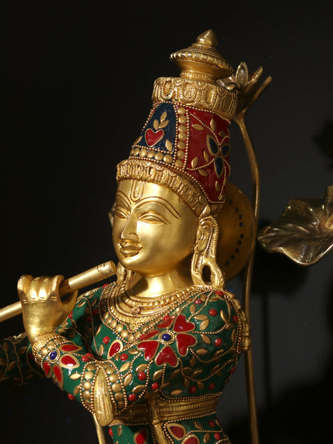 24" Lord Krishna Standing on Wooden Base and surrounded by Flowers Playing Flute | Brass Statue with Inlay Work