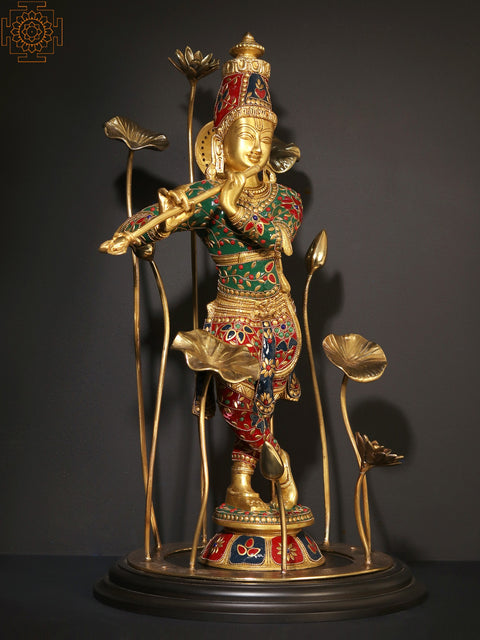 24" Lord Krishna Standing on Wooden Base and surrounded by Flowers Playing Flute | Brass Statue with Inlay Work