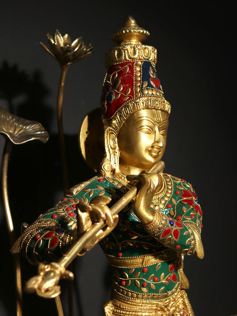 24" Lord Krishna Standing on Wooden Base and surrounded by Flowers Playing Flute | Brass Statue with Inlay Work