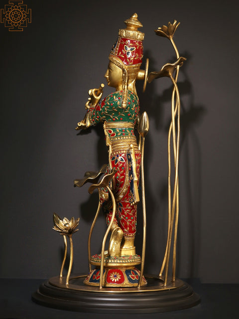 24" Lord Krishna Standing on Wooden Base and surrounded by Flowers Playing Flute | Brass Statue with Inlay Work