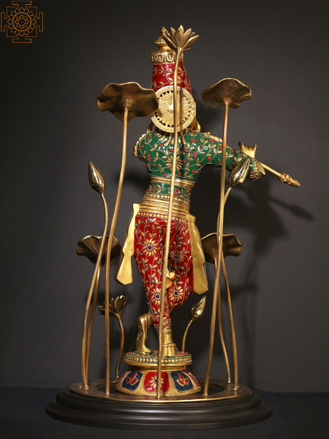 24" Lord Krishna Standing on Wooden Base and surrounded by Flowers Playing Flute | Brass Statue with Inlay Work