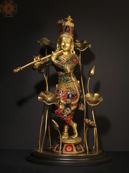 24" Lord Krishna Playing Flute Brass Statue with Inlay Work