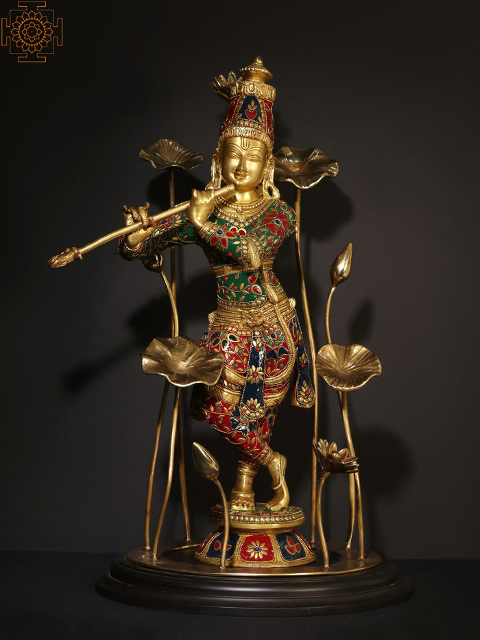 24" Lord Krishna Playing Flute Brass Statue with Inlay Work