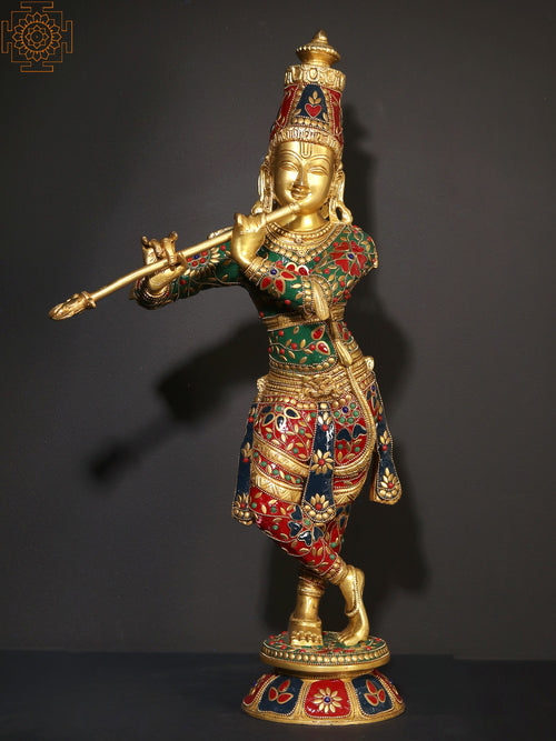 23" Handmade Krishna Playing Flute Brass Statue with Inlay Work