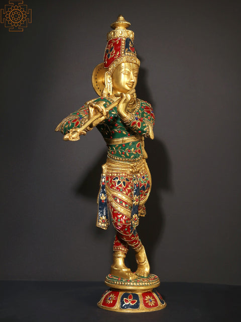 23" Bhagawan Shri Krishna Playing Flute | Brass Statue with Inlay Work