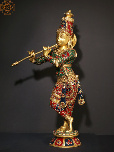 23" Bhagawan Shri Krishna Playing Flute | Brass Statue with Inlay Work