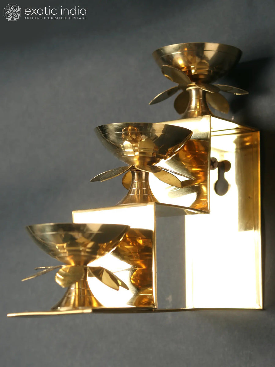 Brass Three Lamps on Steps Wall Hanging and Table Sculpture Set