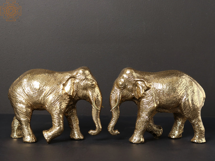 7" Pair of Elephants Brass Statue Home Decor