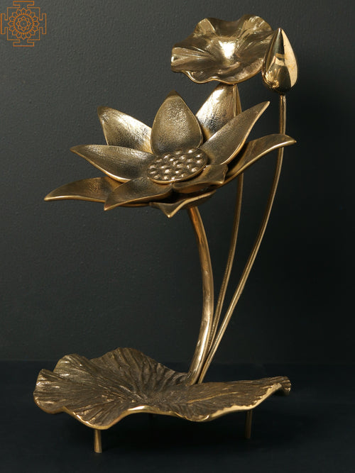 13" Brass Lotus Flowers and Bud Table Decor Statue