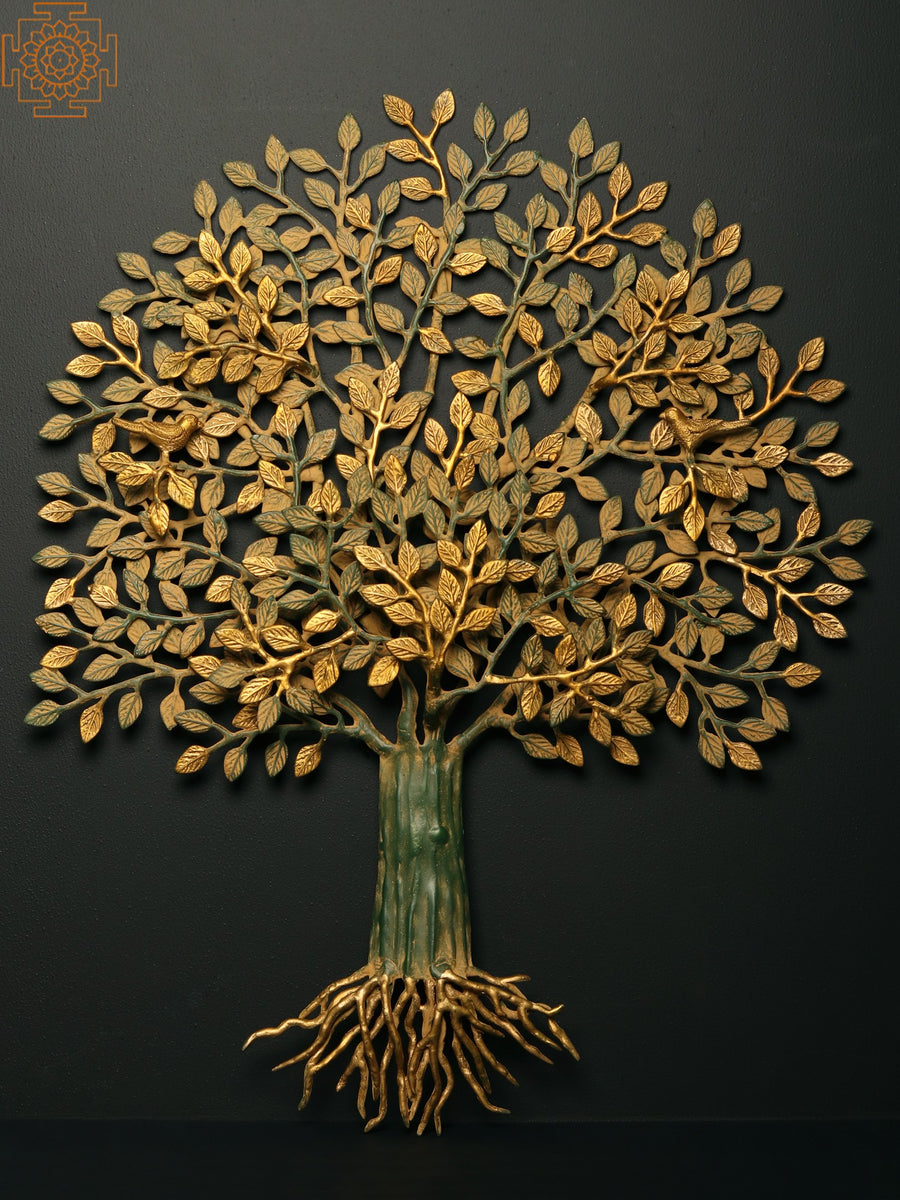 27" Brass Tree of Life Wall Hanging with Green and Gold Patina