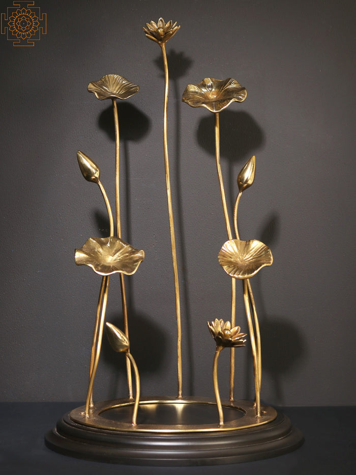 22" Brass and Wood Flower Design Deity Statue Base