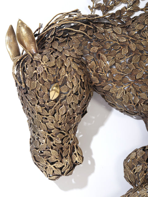 70" Large Wall Hanging Galloping Horse Made of Leaves in Brass
