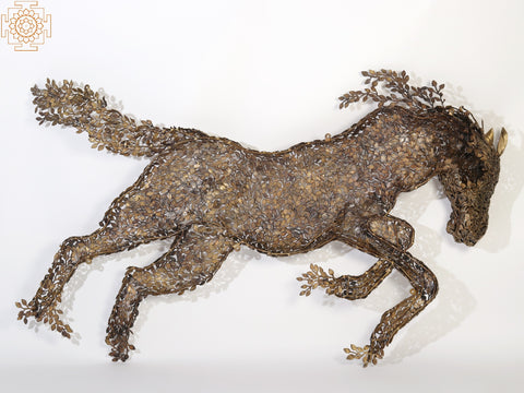 70" Large Wall Hanging Galloping Horse Made of Leaves in Brass