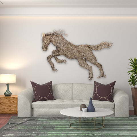 70" Large Wall Hanging Galloping Horse Made of Leaves in Brass