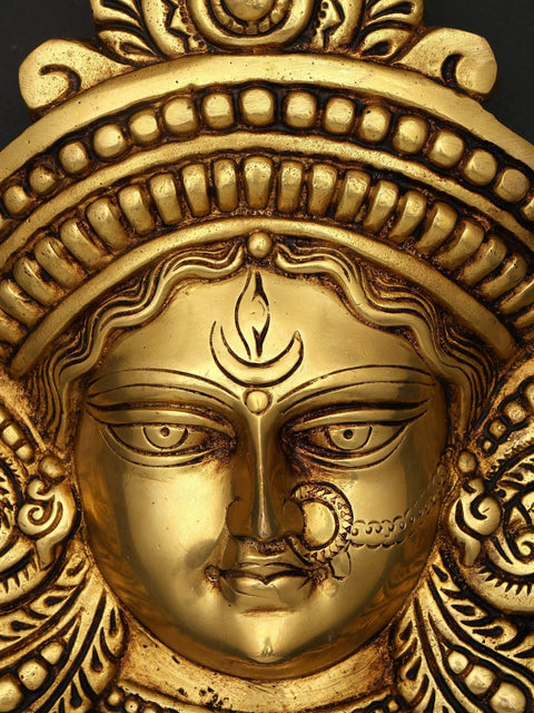 11" Maa Durga Face Mask Wall Hanging Brass Sculpture