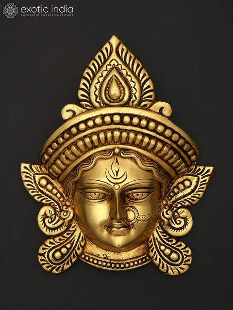 11" Maa Durga Face Mask Wall Hanging Brass Sculpture
