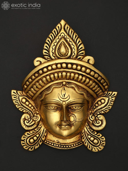 11" Maa Durga Face Mask Brass Wall Hanging Sculpture