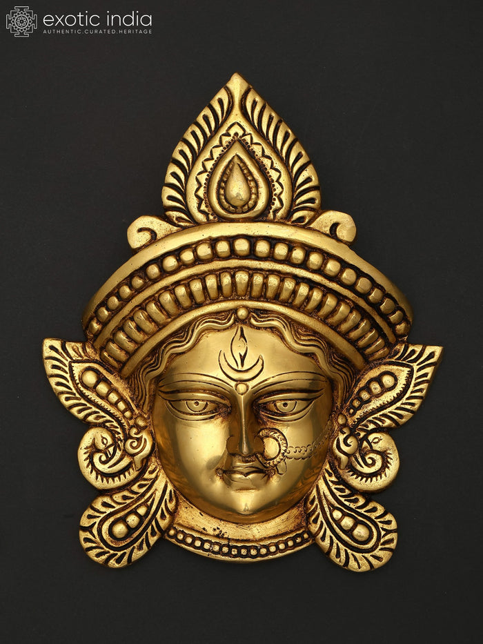 11" Maa Durga Face Mask Brass Wall Hanging Sculpture