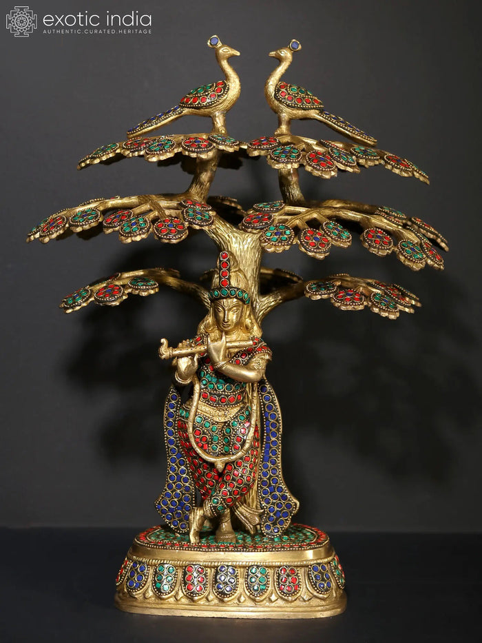 15" Krishna Playing Flute Brass Statue with Inlay Work Handmade