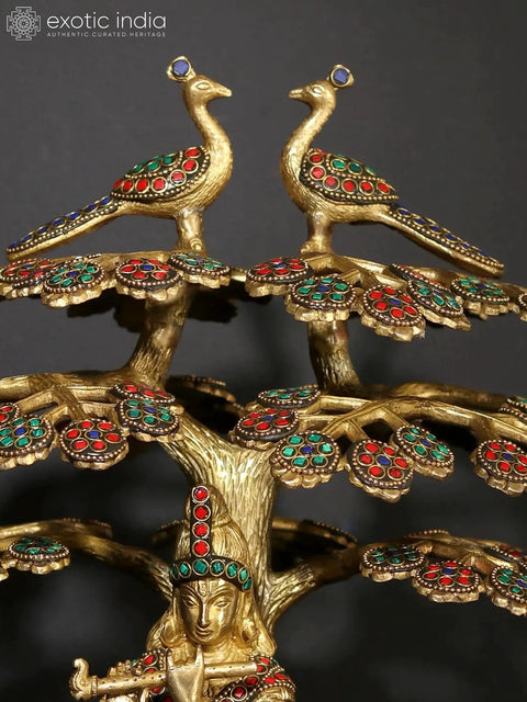 15" Bhagawan Shri Krishna Playing Flute Under The Kadamba Tree | Brass Statue with Inlay Work