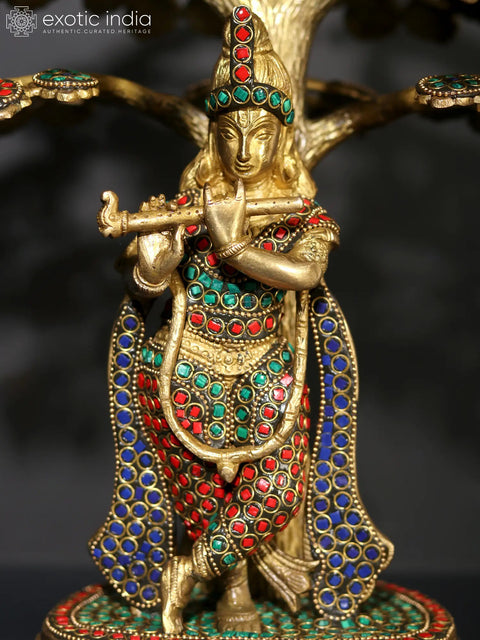 15" Bhagawan Shri Krishna Playing Flute Under The Kadamba Tree | Brass Statue with Inlay Work