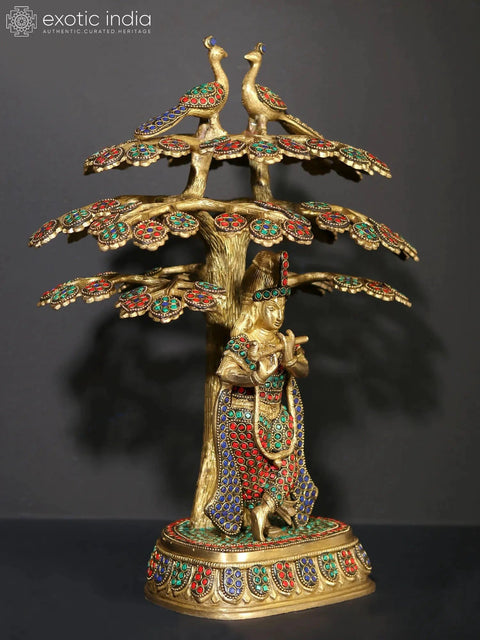 15" Bhagawan Shri Krishna Playing Flute Under The Kadamba Tree | Brass Statue with Inlay Work