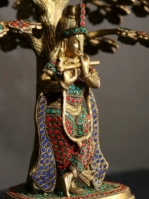 15" Bhagawan Shri Krishna Playing Flute Under The Kadamba Tree | Brass Statue with Inlay Work