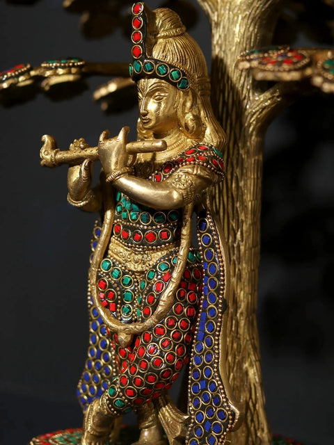 15" Bhagawan Shri Krishna Playing Flute Under The Kadamba Tree | Brass Statue with Inlay Work
