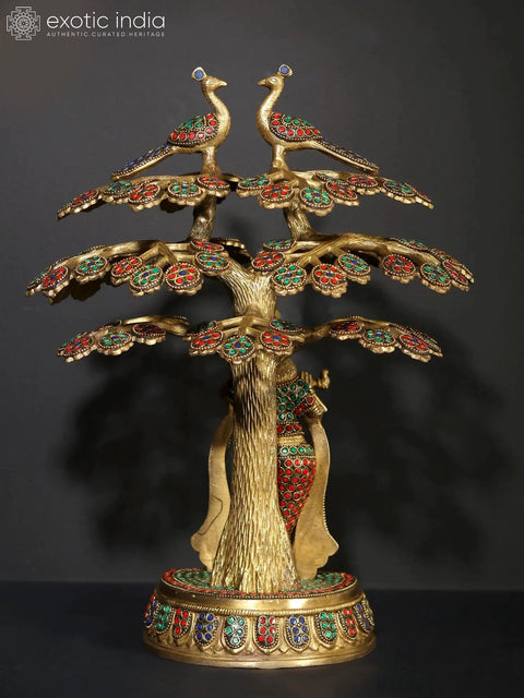 15" Bhagawan Shri Krishna Playing Flute Under The Kadamba Tree | Brass Statue with Inlay Work
